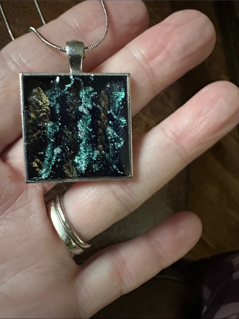 Artisan Silver Square Pendant Necklace with Teal and Black on 925 silver chain